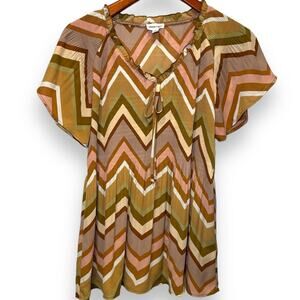 Chloe + Rene Chevron Baby Doll Top Womens Size Small Medium Pink, Brown Y2K Flow